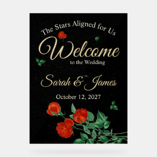 Moody Starry Night Crimson Roses Wedding  Acrylic Sign