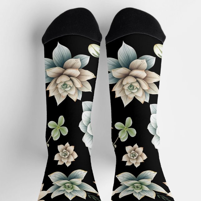 Moody Succulent Rosette Black Botanical Luxury  Socks (Top)
