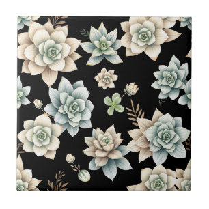 Moody Succulent Rosette Black Botanical Luxury Tile