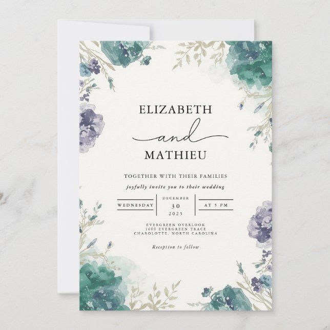 Moody Teal Botanical Bloom Wedding Invitation (Front)