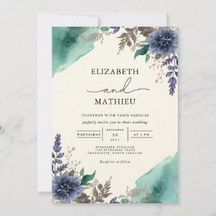 Moody Teal Botanical Floral Wedding Invitation