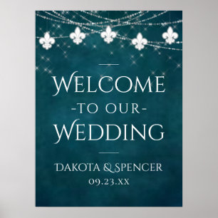 Moody Teal Fleur de Lis Light   Wedding Welcome Poster