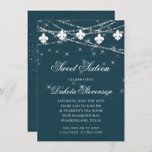 Moody Teal Fleur de Lis String Lights   Sweet 16 Invitation