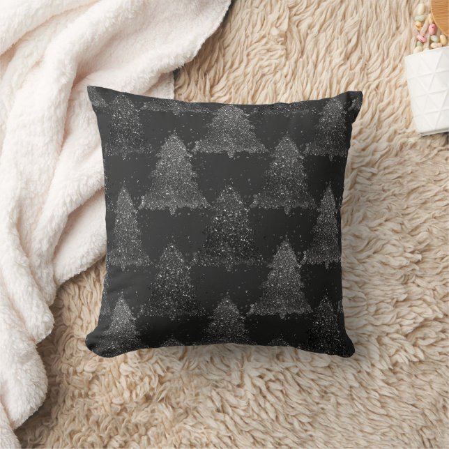 Moody Tree Pattern | Onyx Silvery Black Christmas Throw Pillow (Blanket)