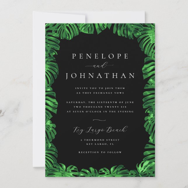 Moody Tropical Green Monstera Island Wedding Invitation (Front)