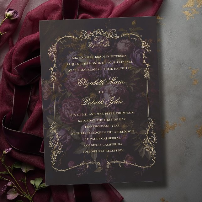 Moody Victorian Botanical Crest Romantic Wedding Invitation (moody wedding invitation victorian botanical crest frame dark gothic romance whimsigoth gold)