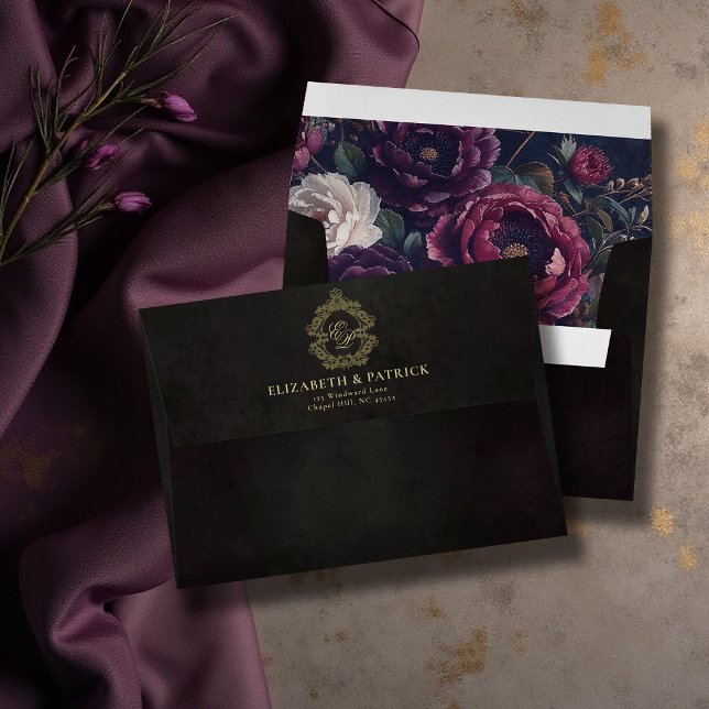 Moody Victorian Lace Botanical Crest Dark Wedding  Envelope (moody wedding envelope victorian antique lace crest dark burgundy purple peony floral gold)