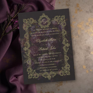 Moody Victorian Lace Botanical Crest Dark Wedding Invitation