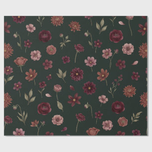 Moody Vintage Burgundy Floral Dark Green Pattern Wrapping Paper