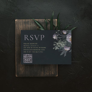 Moody Vintage Lilac Peony Floral QR Code Wedding RSVP Card