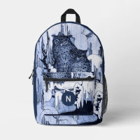 Moody Vintage Owls Navy and Blue Monogram