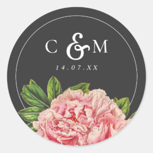 Moody Vintage Pink Peony Wedding Classic Round Sticker