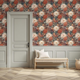 Moody Vintage Rust & Cream Dahlia Floral Design Wallpaper