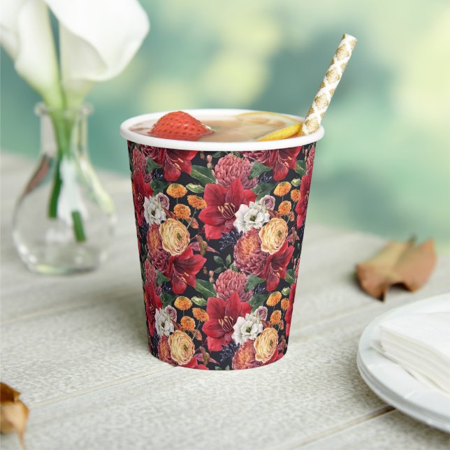 Moody Watercolor Amaryllis and Autumn Flowers Paper Cups (Insitu)