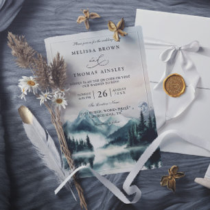 Moody Watercolor Mountains Pine QR Code Wedding Invitation