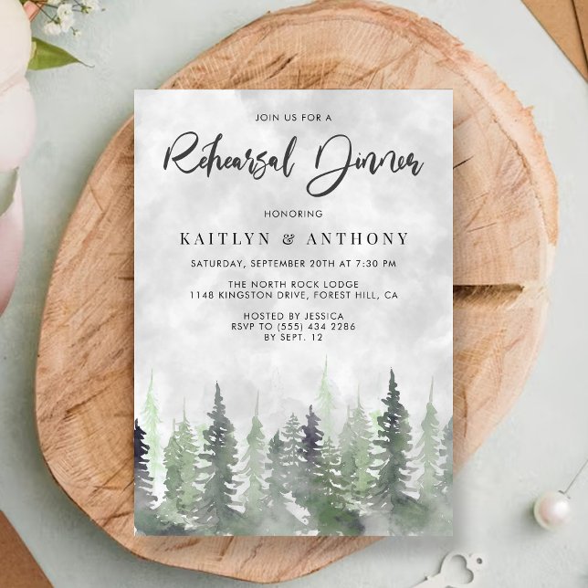 Moody Watercolor Pine Tree Forest Rehearsal Dinner Invitation (Creator Uploaded)