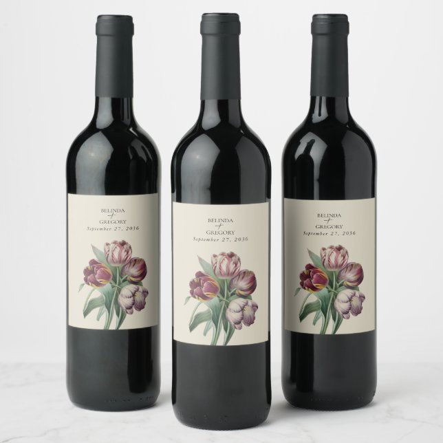 Moody Watercolor Purple Tulips Wedding Gift Wine Label (Bottles)
