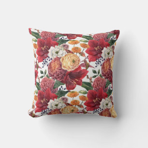 Moody Watercolor Red Amaryllis and Autumn Florals Throw Pillow