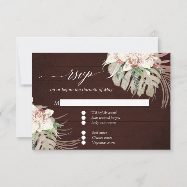 Moody White Orchid Tropical Floral Burgundy RSVP (Front)