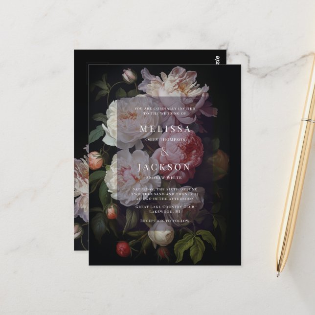 Moody White Peony Mariage Arch Invitation (Devant/Arrière en situation)