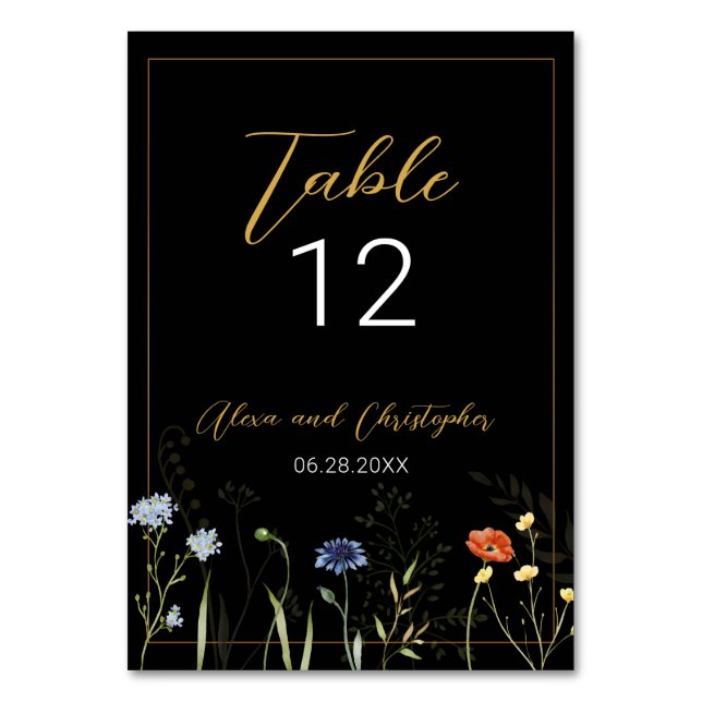 Moody Wildflower Boho Botanical Wedding Table Number (Front)