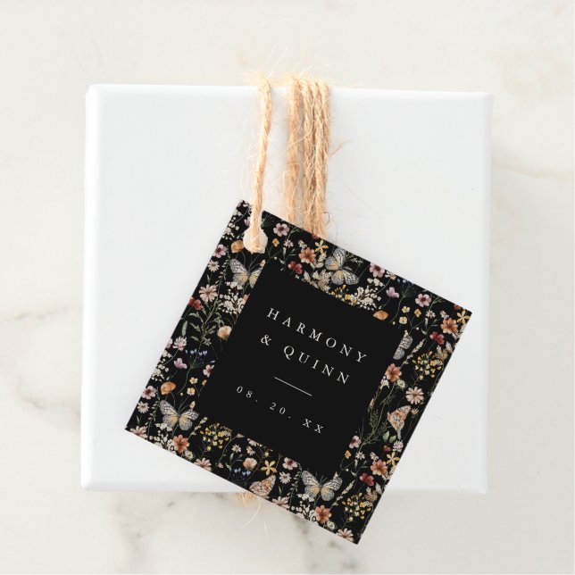 Moody Wildflower Butterfly Wedding Favour Tags (In Situ)