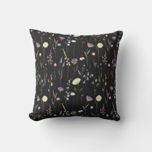 Moody Wildflowers Black Floral Pattern Throw Pillow