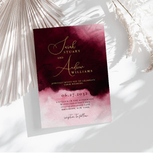 Moody Wine Red Watercolor Gold Script Wedding Invitation