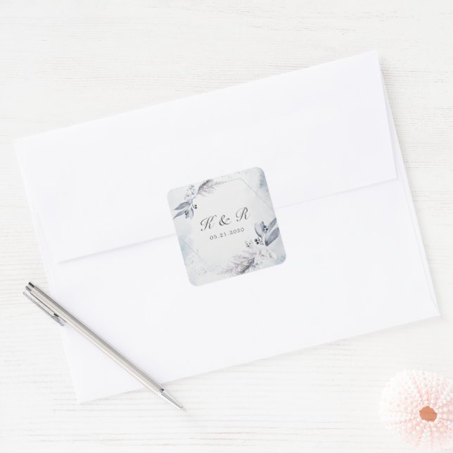 Moody Winter Blue Floral Wedding Square Sticker (Envelope)