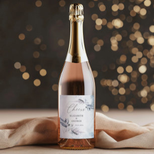 Moody Winter Blue Watercolor Floral Monogram Wine Label