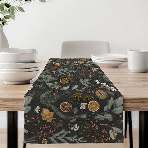 Moody Winter Botanical Christmas Holiday Short Table Runner