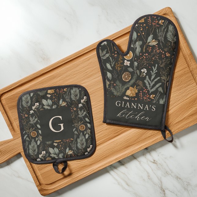 Moody Winter Botanical Personalized Oven Mitt & Pot Holder Set (Creator Uploaded)