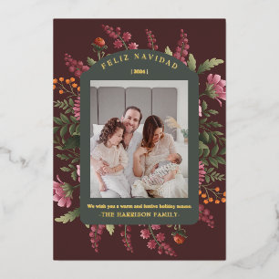 Moody Winter Floral Border Feliz Navidad Foil Holiday Card