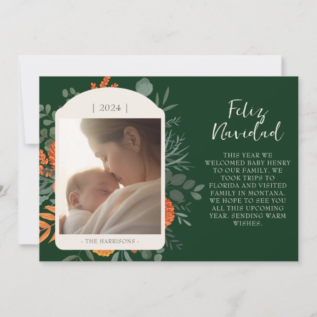 Moody Winter Floral Feliz Navidad Message  Holiday Card (Front)