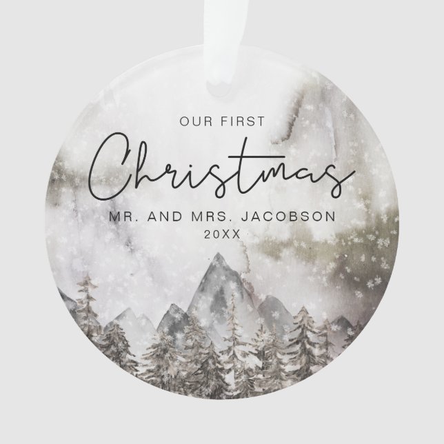 Moody Winter Watercolor Mountain First Christmas Ornament (Front)
