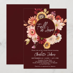 Moody Wreath Fall In Love Burgundy Bridal Shower Invitation