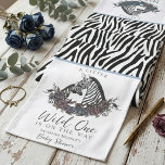 Moody Zebra Safari Little Wild One Long Table Runner<br><div class="desc">This Moody Zebra Safari Little Wild One Long Table Runner features my original hand-drawn mama and baby zebra illustration on both ends, with a bold, monochromatic black and white zebra print center. Designed with a modern, sophisticated alternative aesthetic, this table runner includes steel blue roses in a dynamic "droopy" wreath...</div>