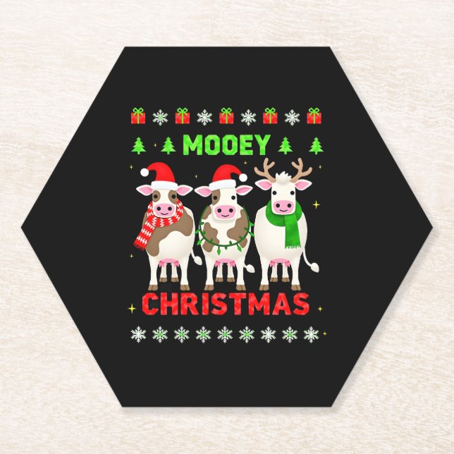 Mooey Christmas Cow Christmas Ugly Sweater Pajama  Paper Coaster (Front)