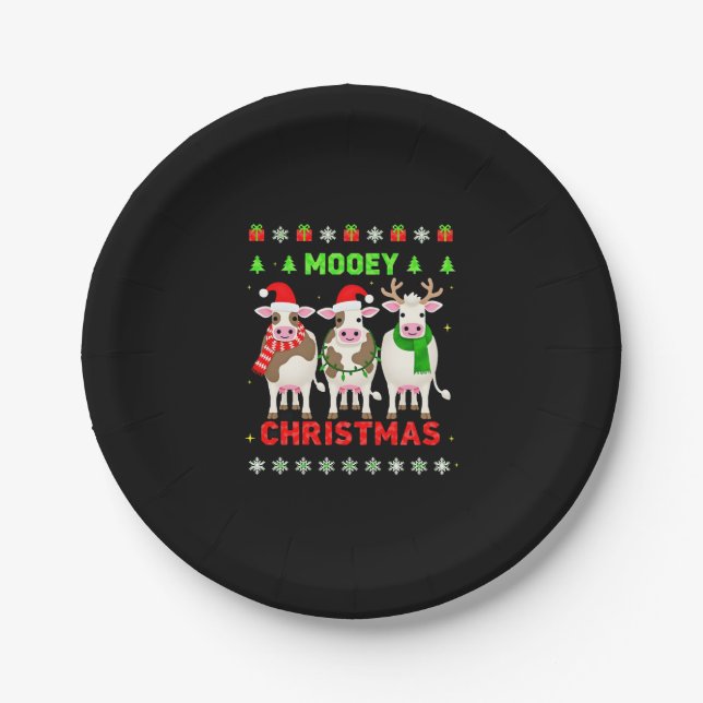 Mooey Christmas Cow Christmas Ugly Sweater Pajama  Paper Plate (Front)