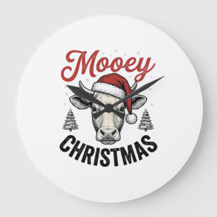 Mooey Christmas Cow Santa Hat Vintage Engraving De Large Clock