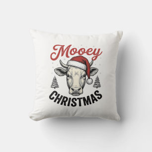 Mooey Christmas Cow Santa Hat Vintage Engraving De Throw Pillow