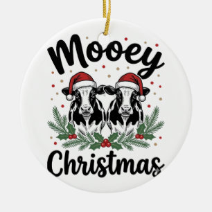 Mooey Christmas Cow Vintage Engraving Shirt Design Ceramic Ornament