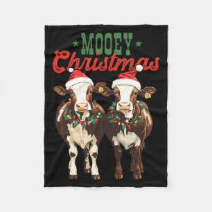 Mooey Christmas Cow With Santa Hats Xmas Lights Me Fleece Blanket