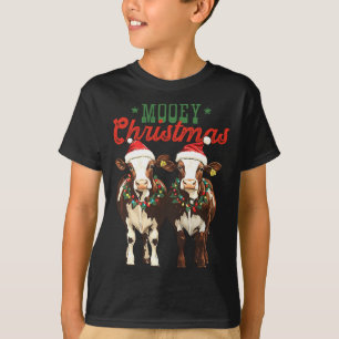 Mooey Christmas Cow With Santa Hats Xmas Lights Me T-Shirt