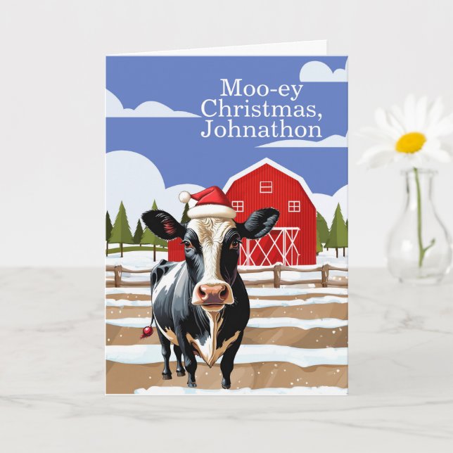 Mooey Christmas Farm Cow Custom Personalized Card (Small Plant)