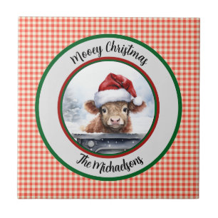Mooey Christmas Funny Highland Cow Red Gingham Tile