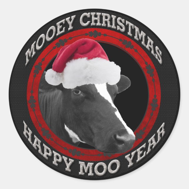 Mooey Christmas Happy Moo Year Santa Hat Cow Classic Round Sticker (Front)