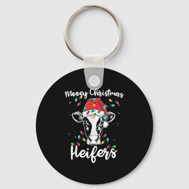Mooey Christmas Heifers Santa Xmas Lights Cow Love Keychain (Front)