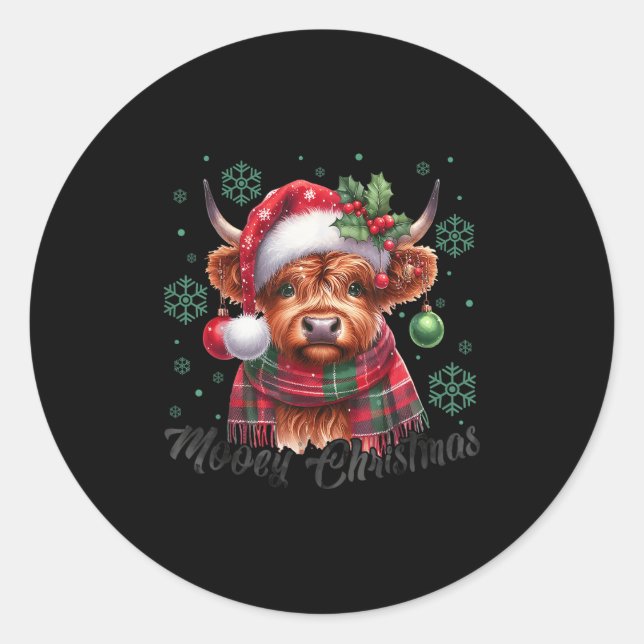 Mooey Christmas Highland Cow Christmas Lights Cow  Classic Round Sticker (Front)
