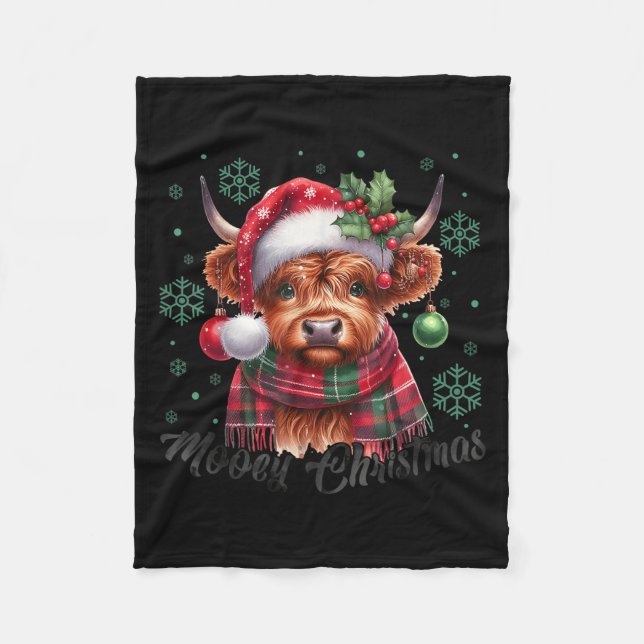 Mooey Christmas Highland Cow Christmas Lights Cow  Fleece Blanket (Front)